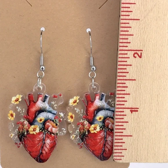 Anatomical Heart Flower Dangle Earrings - Red Floral Acrylic - Picture 2 of 2